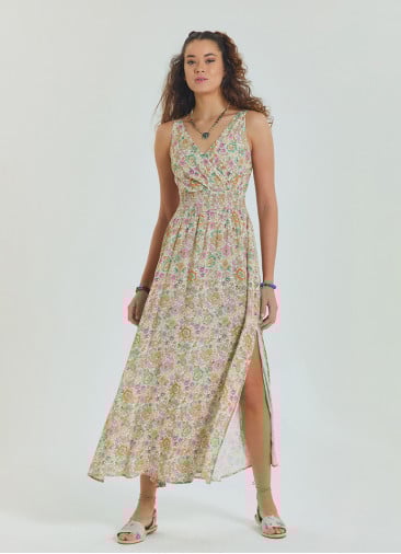 Double Breasted Collar Long Beige Dress with Slit from the Yoke 4561